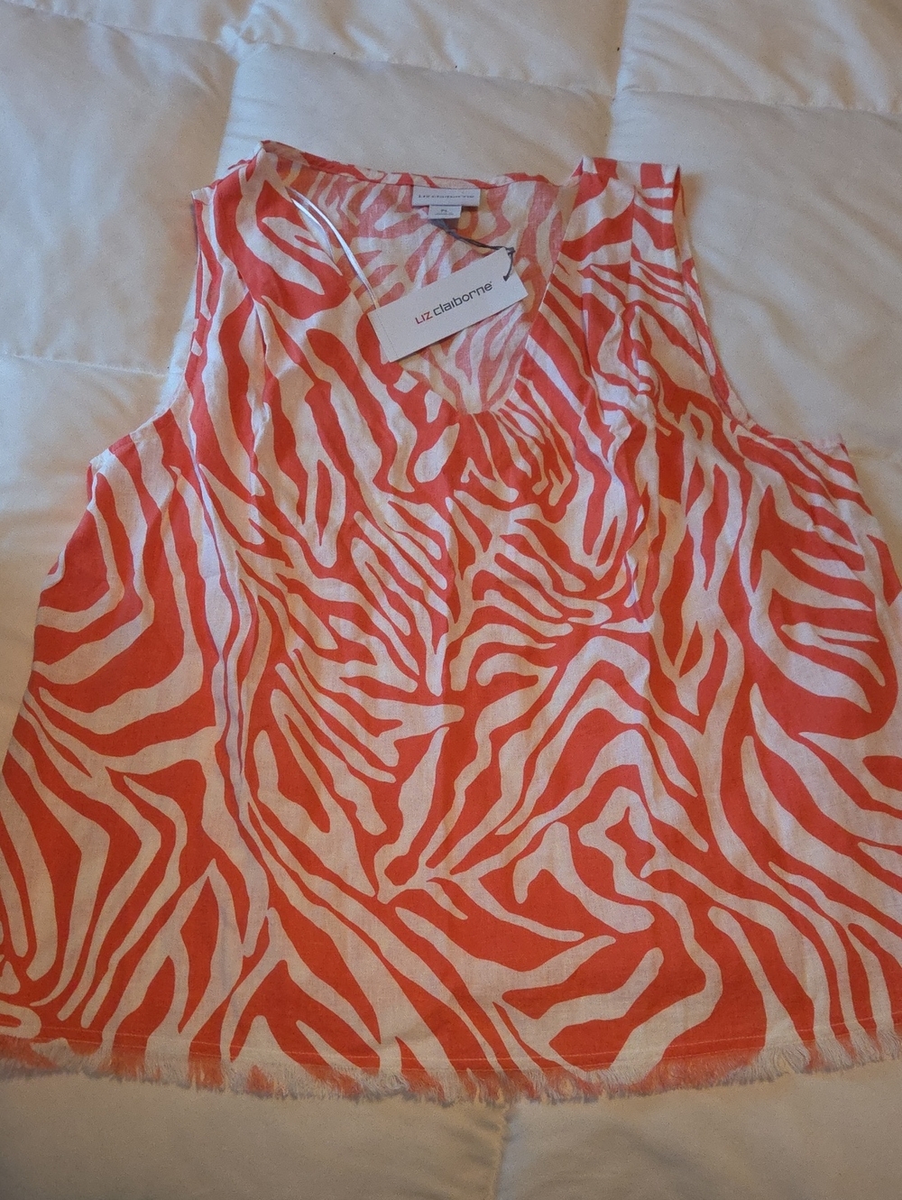 Liz Claiborne Coral and White Zebra-Print V-Neck Tank